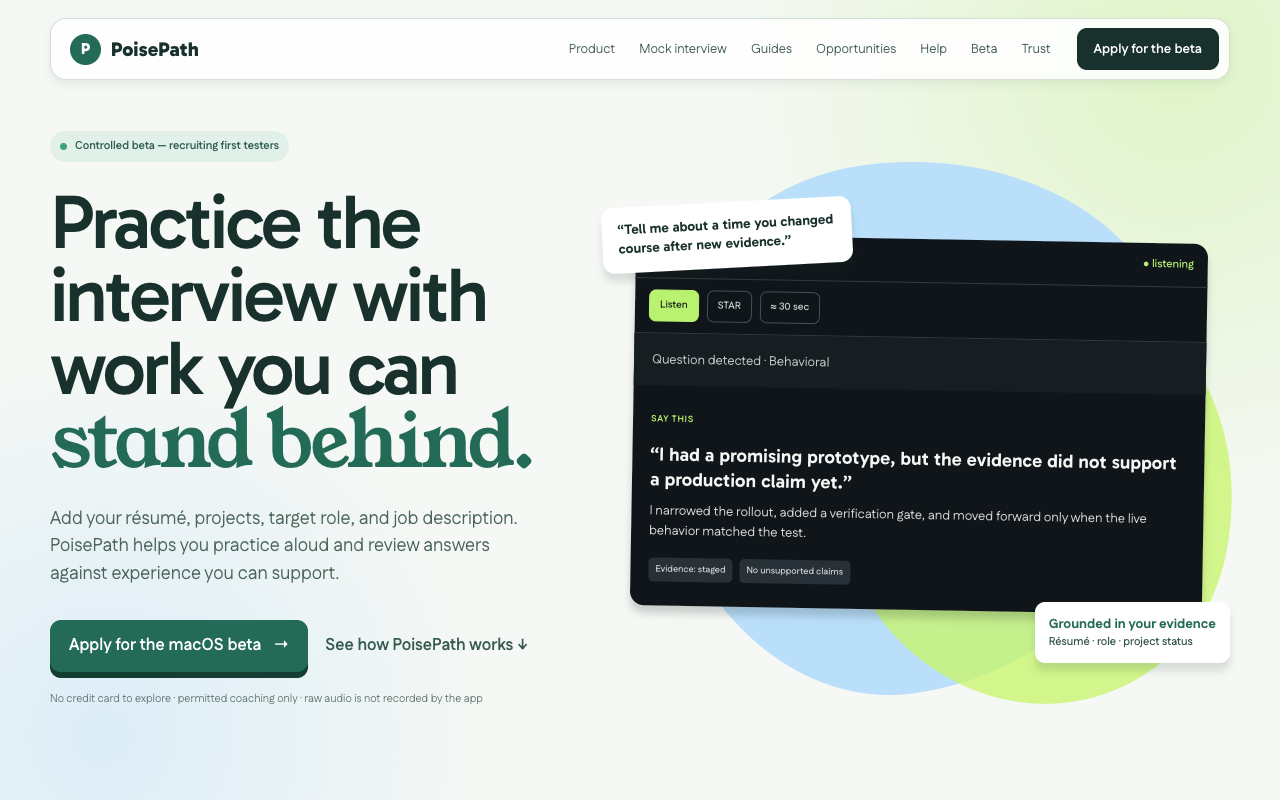 PoisePath public website introducing its interview practice app